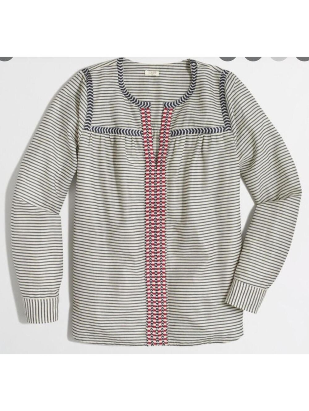 J Crew Popover Top Women’s Blouse Size 4 Striped Embroidered Long Sleeve Gray